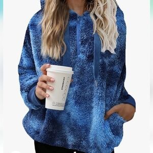 Nirovien Sherpa 3/4 Zip Pullover Oversized Fuzzy Hoodie Royal Blue Tie Dye SZ M